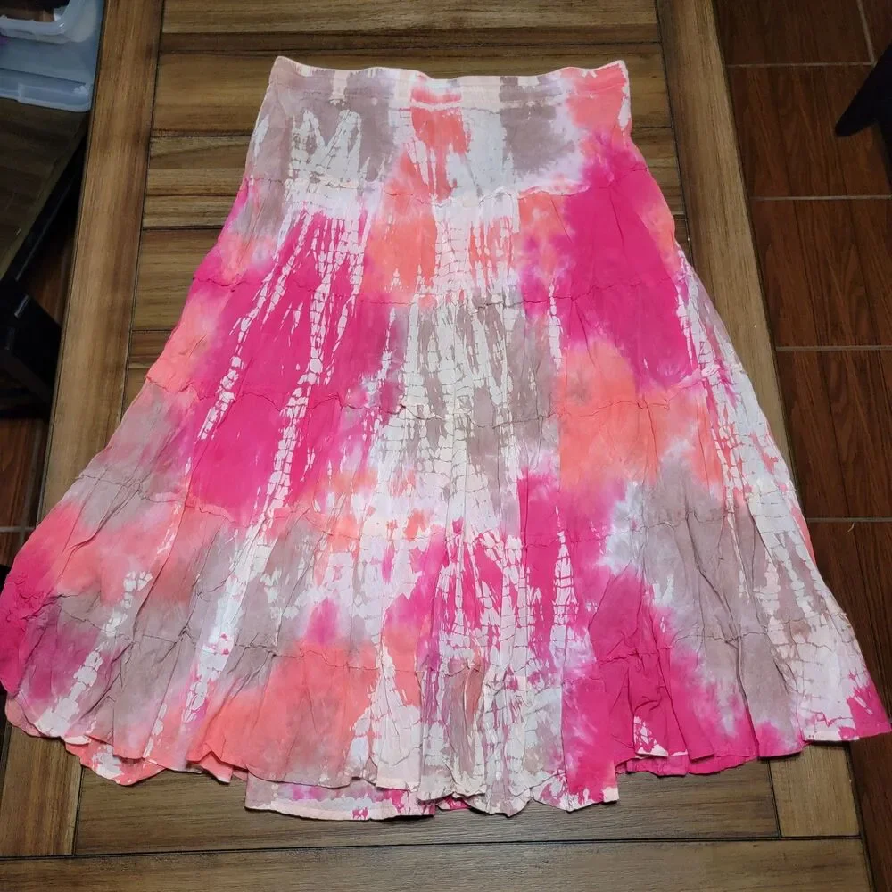 Cato Orange & Pink Tie Dye Full Length Skirt w/ Tiny Tie Bells - Size XL